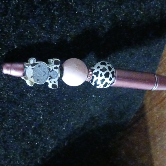 Handmade Pink Novelty Pen with Cow Print & Beads - Picture 2 of 3
